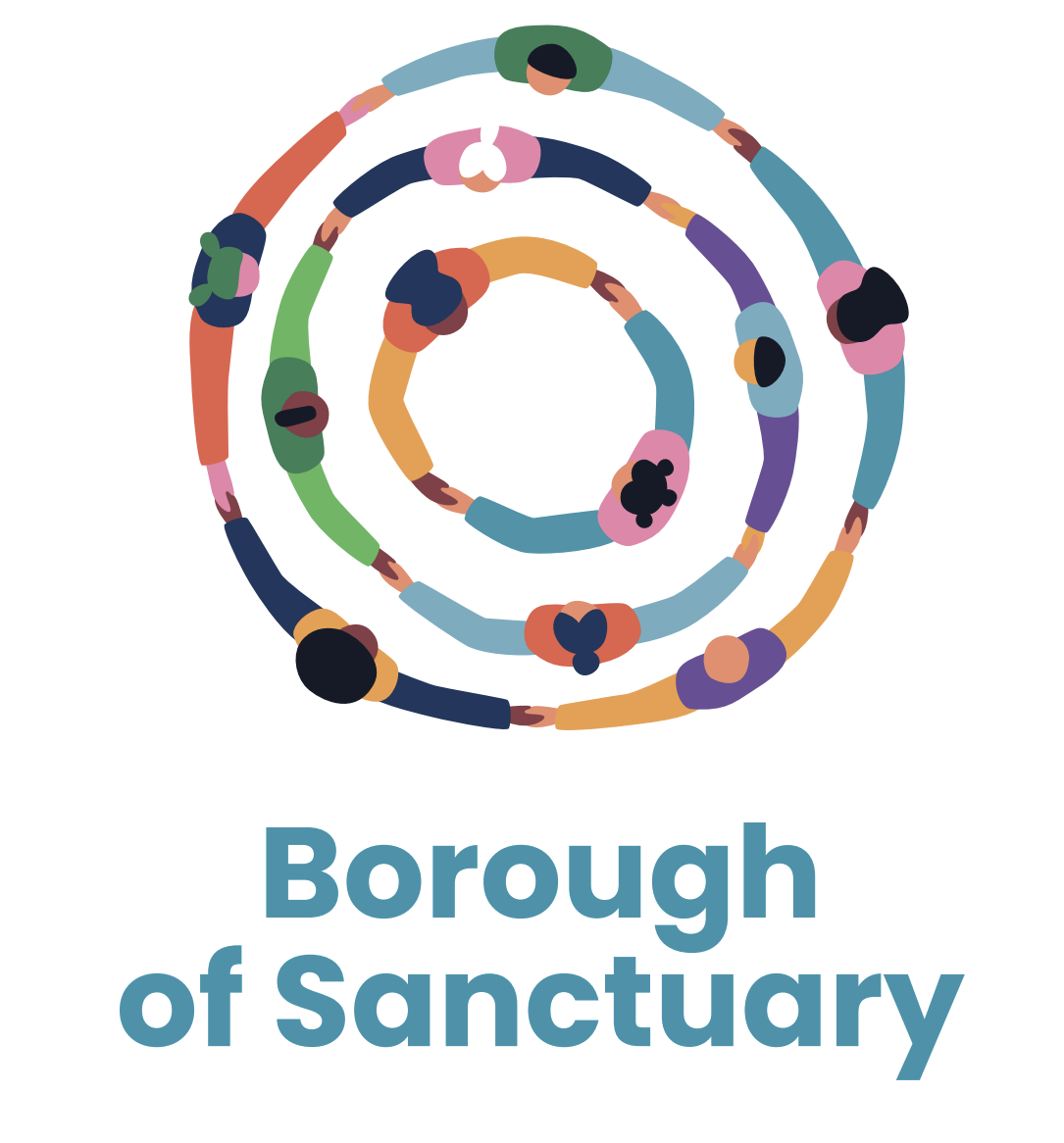 Borough of Sanctuary Logo - A circular design of connected figures forming concentric circles