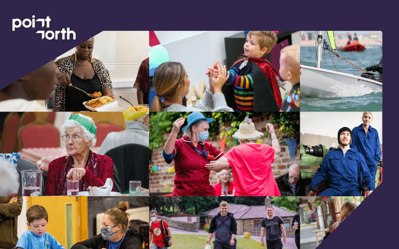 Point North Community Foundation: collage of community and grant-funded work across the North East, with the point north wordmark on a deep purple background.